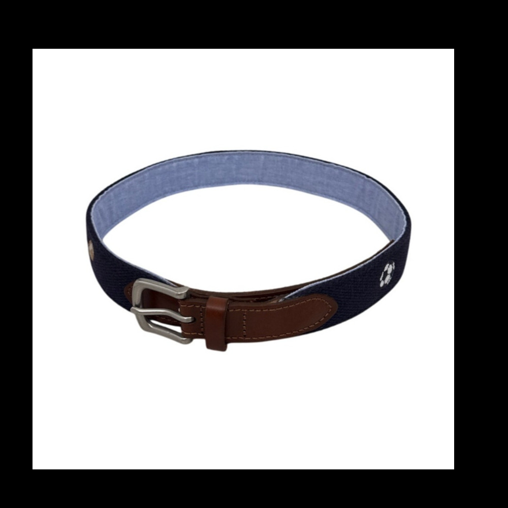 Vineyard Vines Multisport Embroidered Belt Blue Brown Leather Size Youth Medium